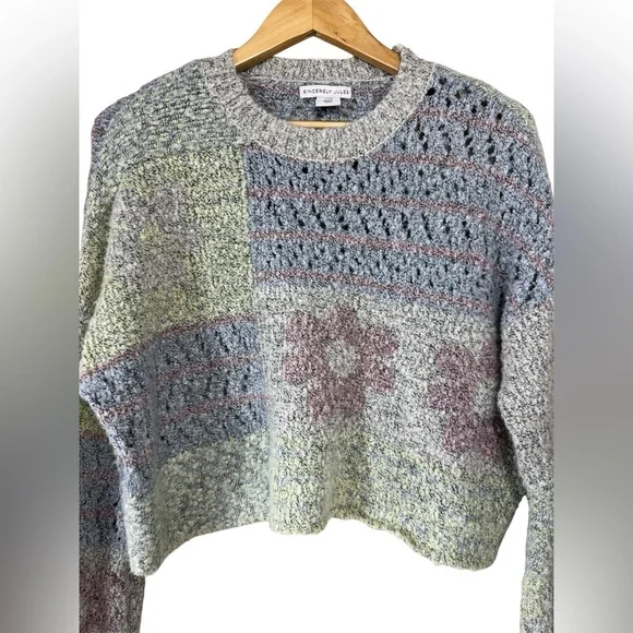 Sincerely Jules Cropped Length Wool Blend Patchwork Sweater Women's XS Pastel - Picture 2 of 7